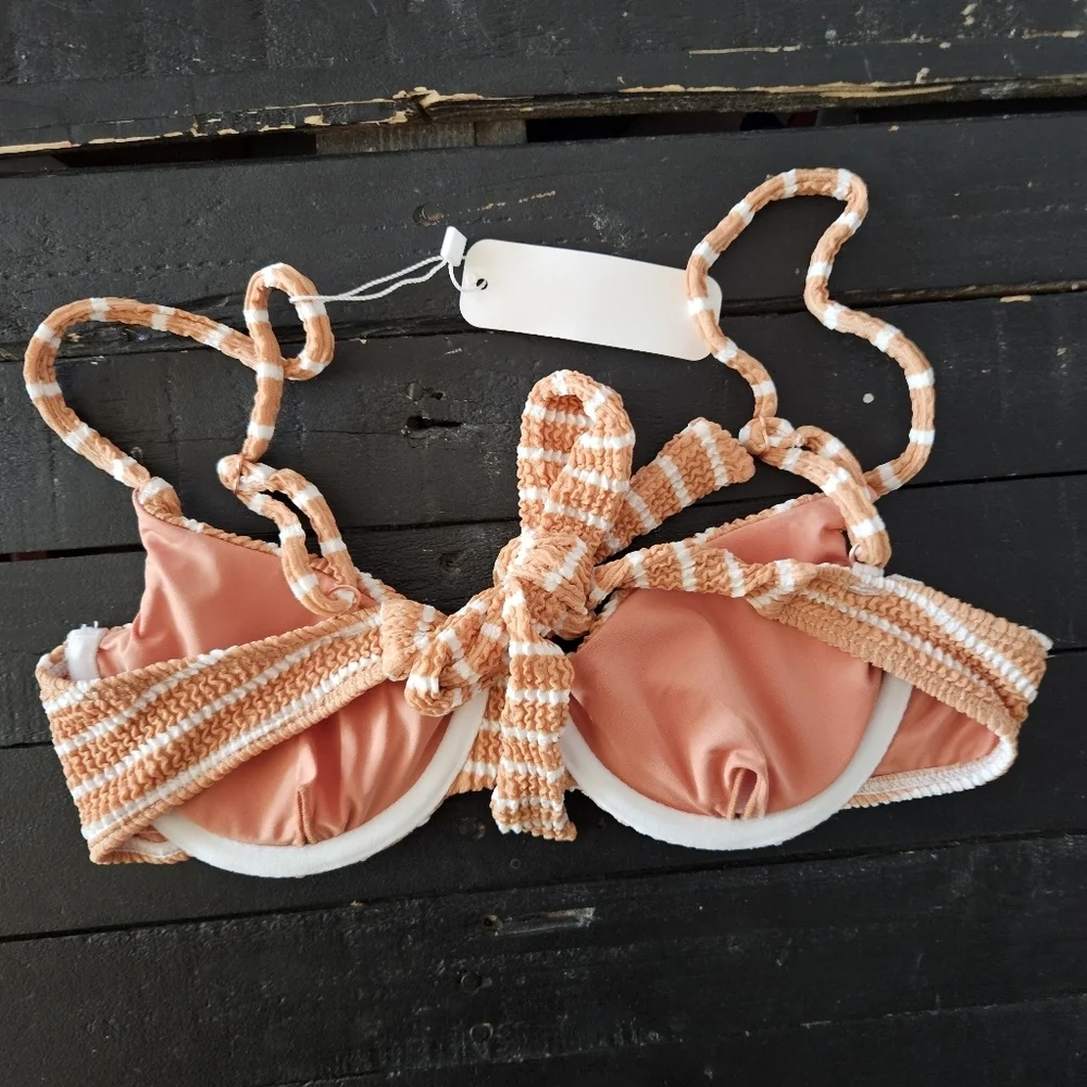 Somerfield Swim NWT Women's XS Orange White Striped Bikini Top Bra Textured